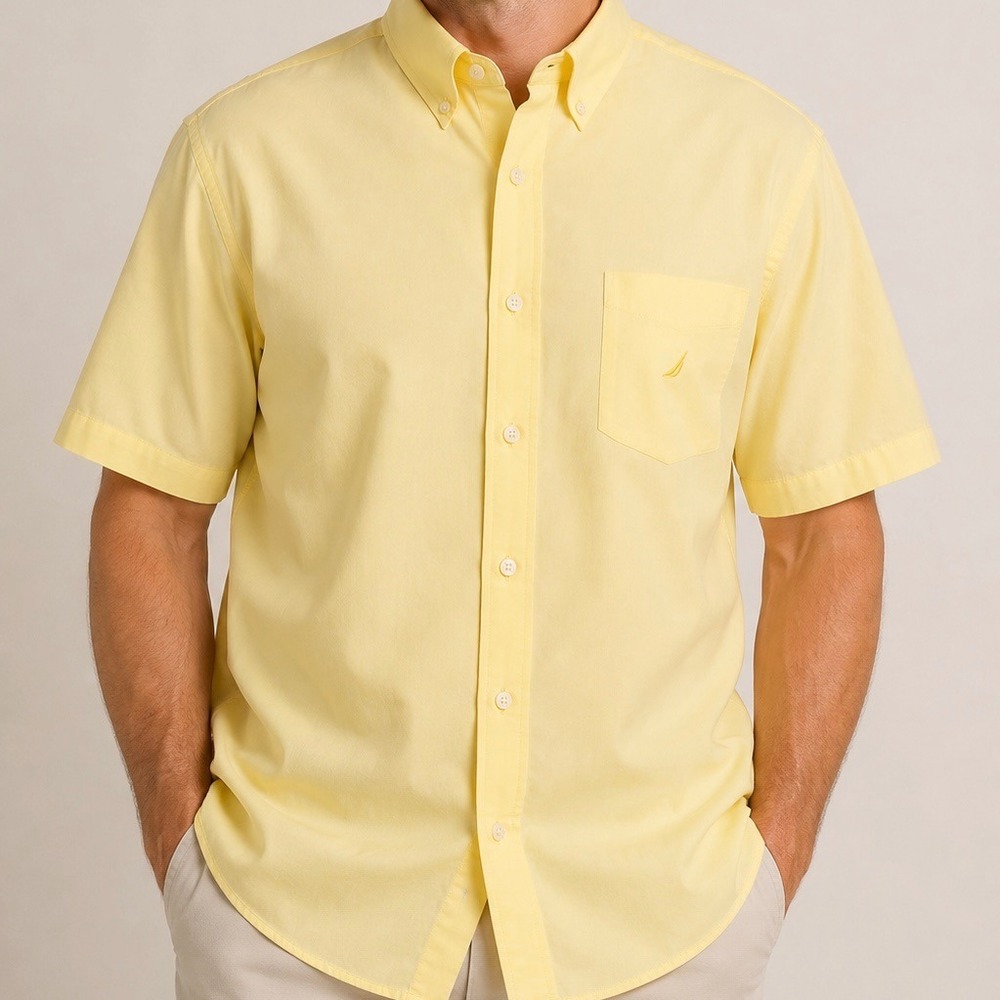 Nautica Yellow Button Down Shirt XXL Short Sleeve 100% Cotton Pocket Golf